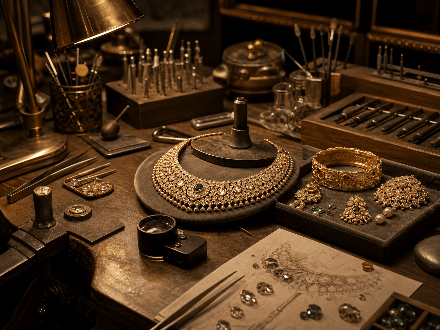 Jewellery atelier with gold pieces and tools on a workbench