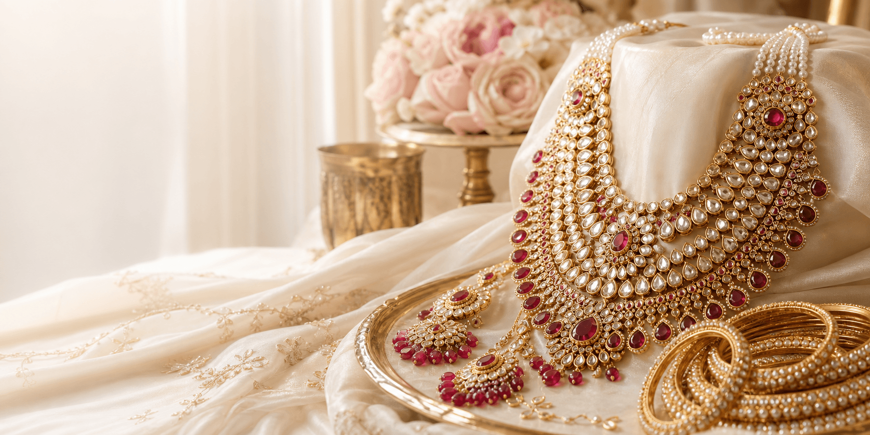 Layered bridal polki jewellery arranged on ivory silk for the Forever Moments hero.