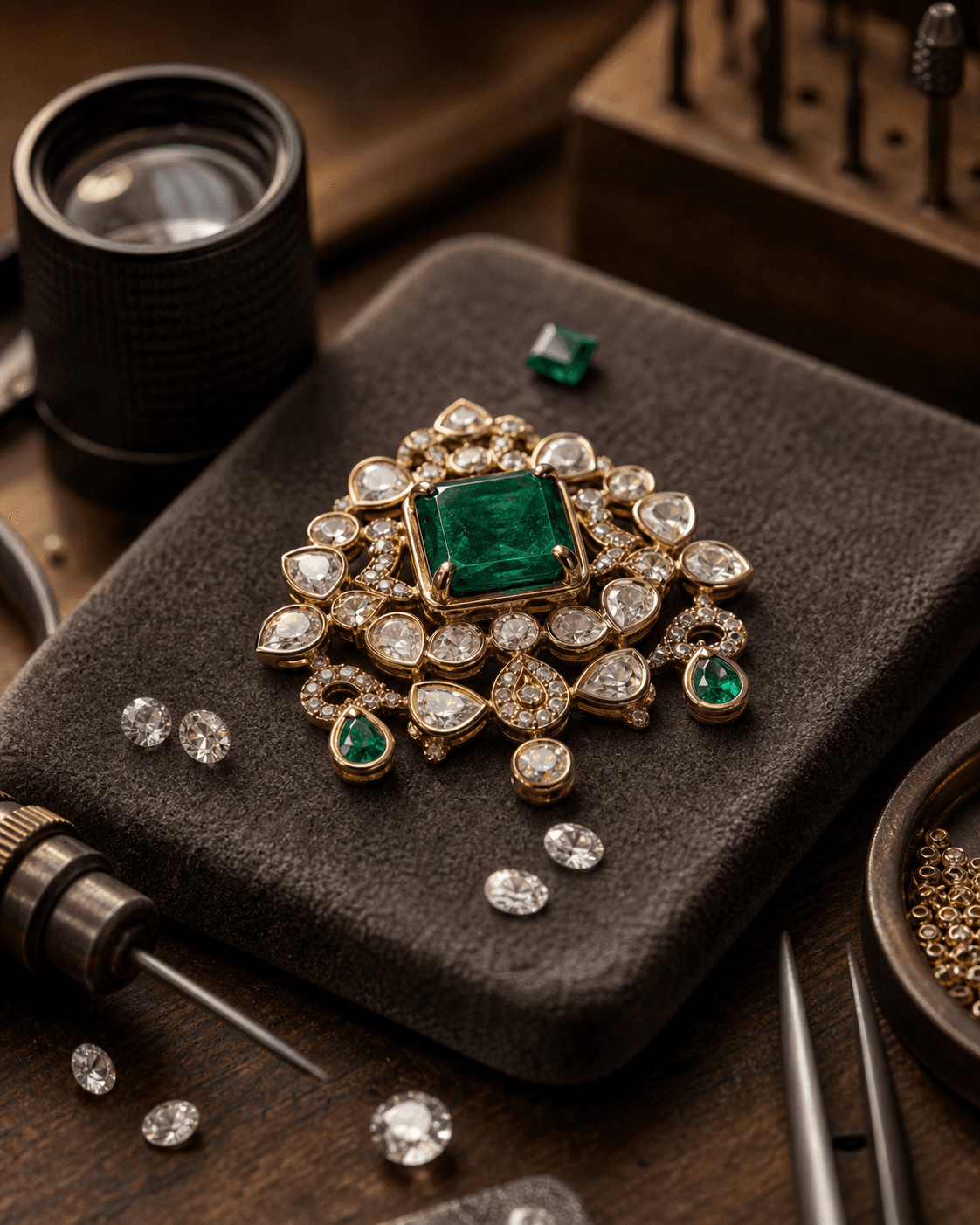 Fine jewellery setting with diamonds and emeralds on a workbench