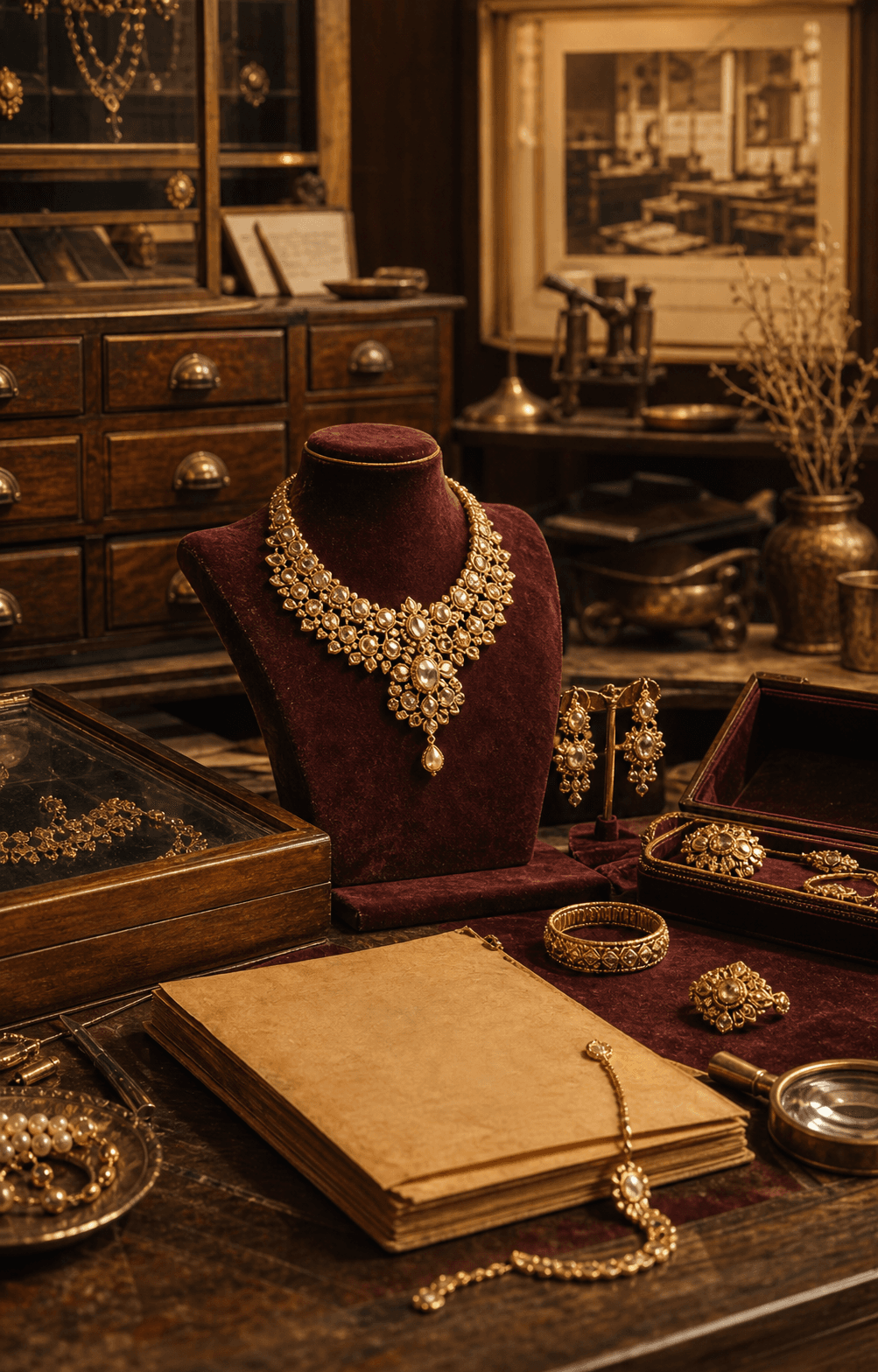 Heritage jewellery display in a vintage atelier